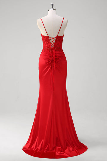 Red Spaghetti Straps Mermaid Satin Long Corset Formal Dress with Appliques